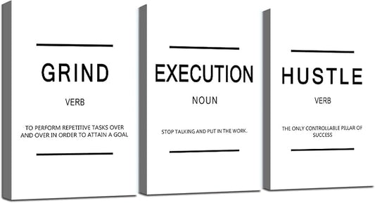 Framed Canvas Wall Art Success Quote, Office Wall Art, Black Large Poster, Positive Motivational Set of 3 Prints, Grind Execution Hustle Poster, Inspirational Print (C-3pcs,24x36inchx3pcs)