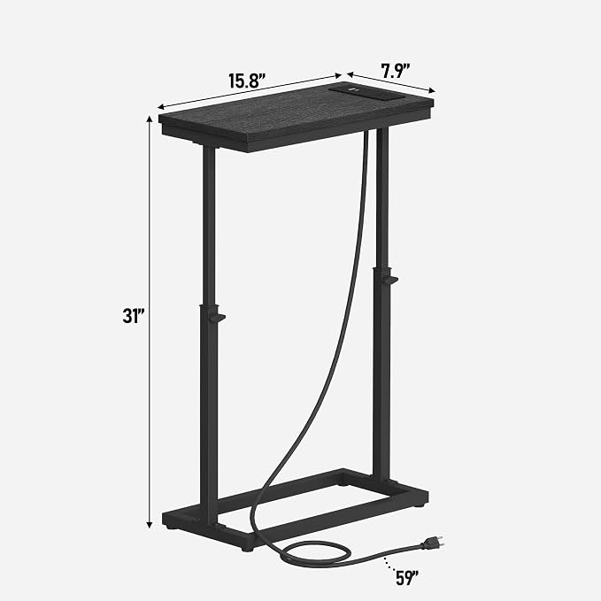 TUTOTAK End Table with Charging Station, Side Table, Tall Couch Table, Sofa Table, Living Room, Bedroom,Black TB01BK084