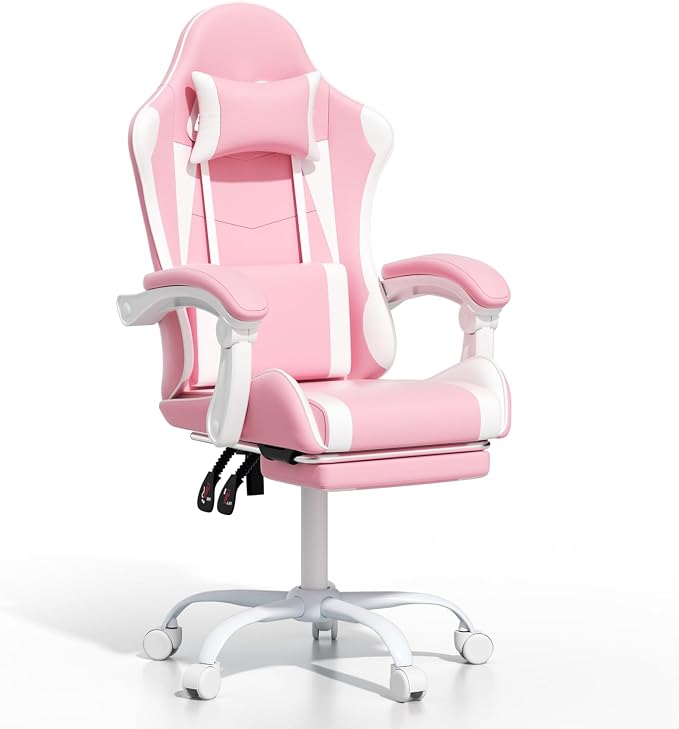 Gaming Chair, Ergonomic Computer Chairs with Arms, Lumbar Support, Footrest, Headrest 360°Swivel Chair, Adjustable Back and Height, Leather PC Chairs for Gaming, Study, Office, Pink