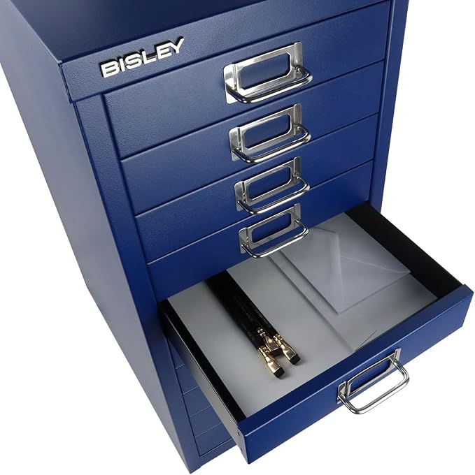 Bisley 10-Drawer Steel MultiDrawer Cabinet - Oxford Blue | Chrome Pull Handles with Label Holders, Powder-Coated Steel, Removable Drawers, Fits Under Most Desks, Labels Included