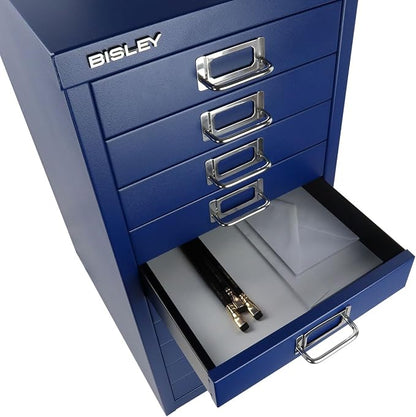 Bisley 10-Drawer Steel MultiDrawer Cabinet - Oxford Blue | Chrome Pull Handles with Label Holders, Powder-Coated Steel, Removable Drawers, Fits Under Most Desks, Labels Included