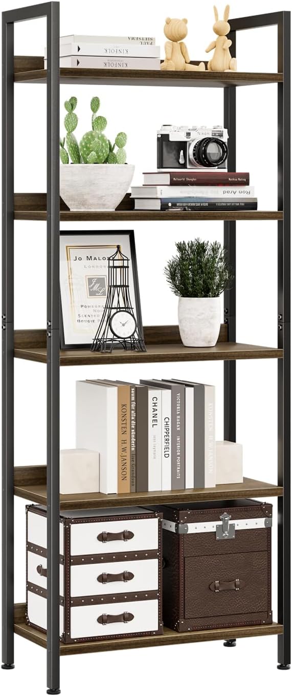 NUMENN Bookshelf, 5 Tier Bookshelves, Home Office Bookcase Shelf Storage Organizer, Free Standing Storage Shelving Unit for Bedroom, Living Room and Home Office, Dark Walnut
