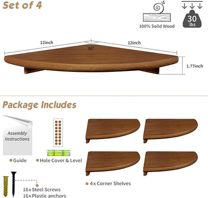 Forbena Corner Bookshelf Wall Mounted Set of 4, Wooden Floating Book Shelves for Nursery, Large Wall Shelving Unit for Living Room Bedroom Bathroom Kitchen Office Classroom Corner (Walnut Color)