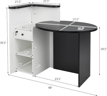Tangkula Reception Desk, Front Counter Desk with Lockable Drawer & Adjustable Shelf, Oval Desktop, Retail Counter for Checkout, Computer Workstation for Salon Lobby Office, Home Office Desk