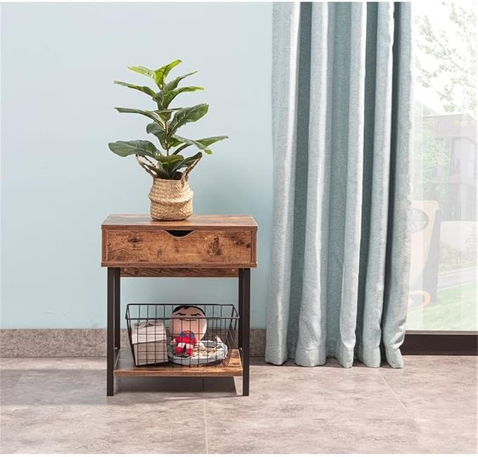 JJS Side End Table, Nightstand, Bedside Table with Drawer and Storage Shelves, Sofa Table for Living Room, Bedroom, Accent Furniture, Easy Assembly, Rustic Brown