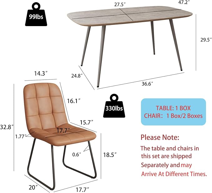 HIPIHOM 47.2'' Dining Table Set for 4,Modern Wood Dining Table,Leather Dining Chairs 4,Table and Chairs Set of 4,Ideal for Kitchen Dining Room (Gray Table + 4 U-Shaped Brown Chairs, 47.2")