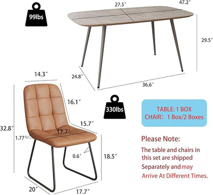 HIPIHOM 47.2'' Dining Table Set for 4,Modern Wood Dining Table,Leather Dining Chairs 4,Table and Chairs Set of 4,Ideal for Kitchen Dining Room (Gray Table + 4 U-Shaped Brown Chairs, 47.2")