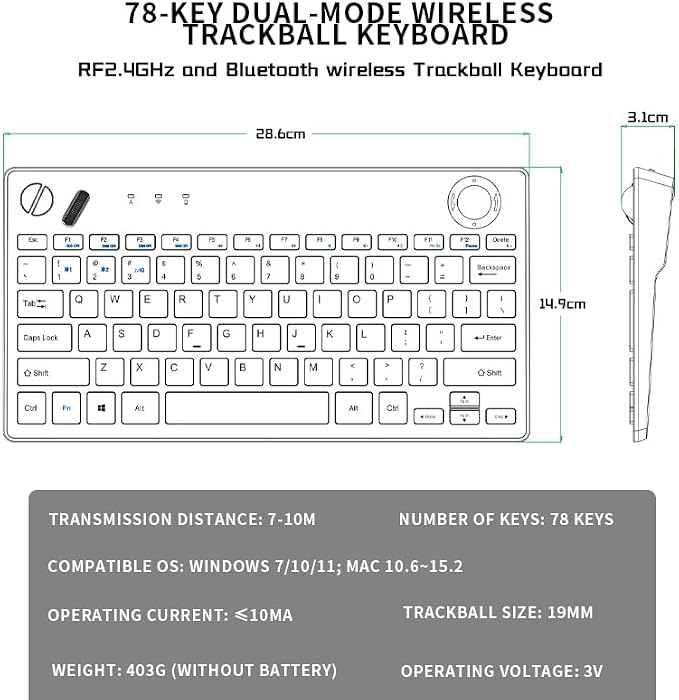 JOMAA 78 Keys Dual Mode Wireless Trackball Keyboard, Bluetooth 5.0 & 2.4G Wireless Keyboard with 19mm Trackball for Windows Mac iOS Android Computer Tablet Desktop