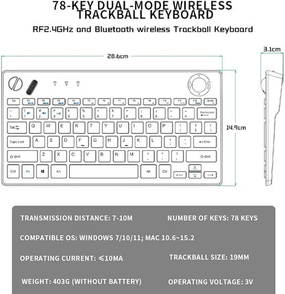 JOMAA 78 Keys Dual Mode Wireless Trackball Keyboard, Bluetooth 5.0 & 2.4G Wireless Keyboard with 19mm Trackball for Windows Mac iOS Android Computer Tablet Desktop