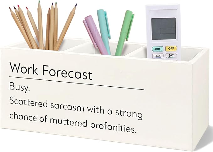 Work Forecast Wooden Pen Pencil Holder for Desk, Sarcastic Gifts for Women Men Coworkers, Funny Sarcastic Wood Makeup Brush Toothbrush Holder Organizer for Office Workplace Company