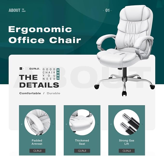 GUNJI Office Chair PU Leather High Back Executive Chair Ergonomic Computer Chair, Modern Adjustable Home Desk Chair Swivel Managerial Chair with Padded Armrests and Lumbar Support (White)