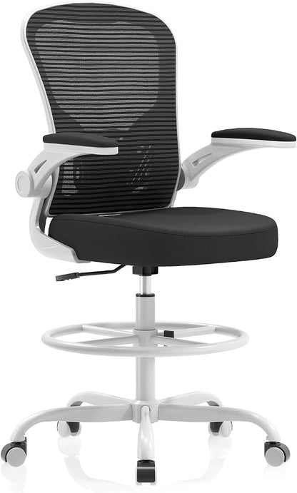 Synorla Ergonomic Drafting Chair, Tall Mesh Office Chair with Flip-up Armrests, Lumbar Support Adjustable Footrest Ring for Standing Desk Gray Pink