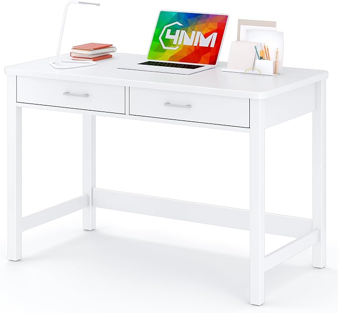 4NM 39.4" Small Desk with Wood Drawers, Home Office Computer Desk with Wooden Legs, Study Writing Table Vanity Desk for Small Spaces - White