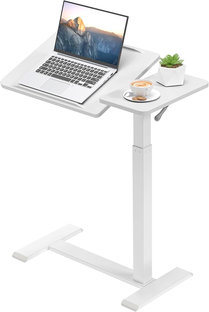 Adjustable Overbed Bedside Table with Hidden Wheels, Pneumatic Tilt Board Rolling Laptop Standing Desk Cart, Mobile Over Bed Sofa Chair Side End Tables, Walnut (White)