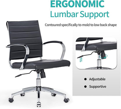Mid-Century Modern Black Leather Office Chair with armrests, Adjustable Swivel Desk Chair for Home Office, Ergonomic Executive Chair