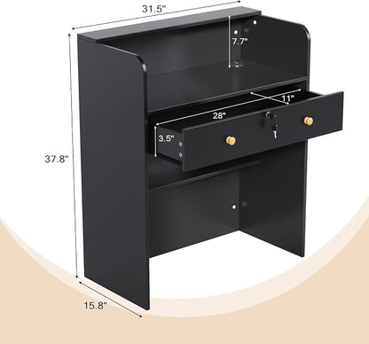 OmySalon Reception Desk with Counter, Small Front Checkout Desk w/Lockable Drawer, Wooden Modern Reception Table for Salon Lobby Office Home (Black, 32)