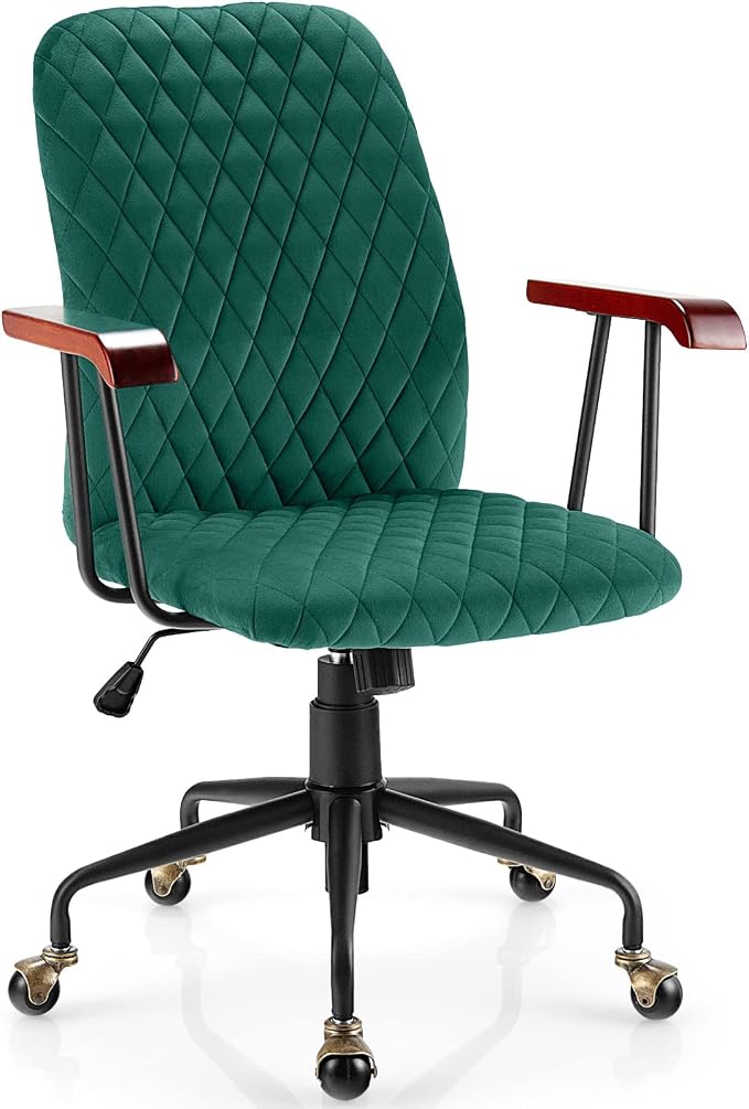 COSTWAY Green Velvet Office Chair, Upholstered Home Leisure Chair with Rubber Wood Armrests & 5-Claw Metal Base, Vintage Mid-Back Computer Desk Chair for Adult, Home, Office, Study