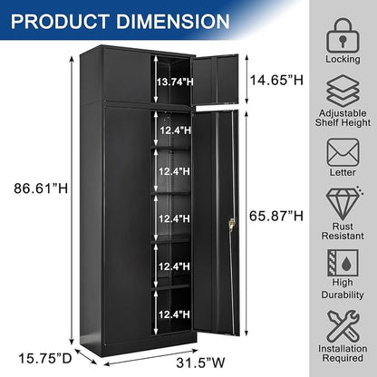 Metal Storage Cabinet, 87 Inch Tall Locking Cabinet with Top Cabinet, Heavy Duty Garage Cabinet with Doors and 4 Adjustable Shelves, Pantry Cabinets for Office, Garage, Home-Black