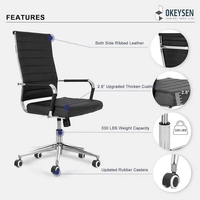 Okeysen Black Conference Room Chairs, Modern Ergonomic PU Leather Office Desk Chair Ribbed for Office, High Back Executive Swivel Rolling Task Chair for Home