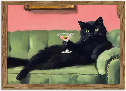 Black Cat Wall Art 12x16 Inch Funny Martini Cat Canvas Painting, Whimsical Cocktail Bar Wall Decor, Vintage Animal Artwork for Bar Cart, Kitchen, Living Room, Wood Framed