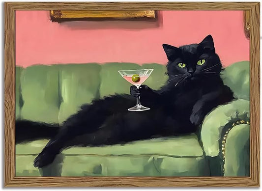 Black Cat Wall Art 12x16 Inch Funny Martini Cat Canvas Painting, Whimsical Cocktail Bar Wall Decor, Vintage Animal Artwork for Bar Cart, Kitchen, Living Room, Wood Framed