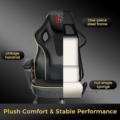 HapGIFT Gaming Chair, Ergonomic Computer Gaming Chairs with Link Armrest, PU Leather Video Game Chairs for Adults Teens, Height Adujustable Racing Style PC Chair for Home, 300LBS (BLACK)