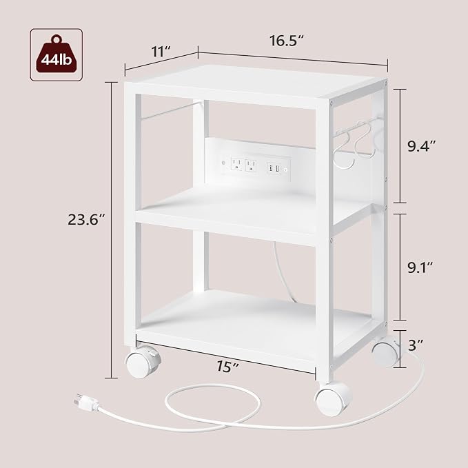MAHANCRIS Industrial Printer Cart, 3-Tier Mobile Printer Stand, Rolling Cart with 2 AC Outlets and 2 USB Ports, Home Printer Stand with 2 Hooks, for Office, Living Room, White PTWT40E01
