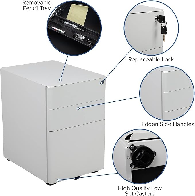 Flash Furniture Warner Modern 3-Drawer Mobile Locking Filing Cabinet with Anti-Tilt Mechanism and Hanging Drawer for Legal & Letter Files, White