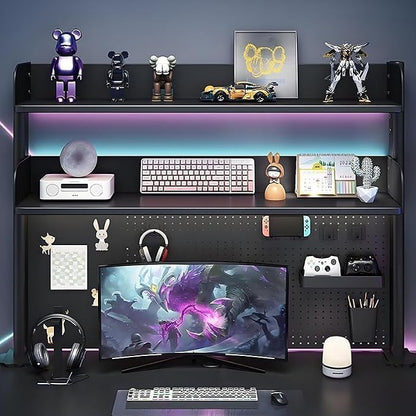 CHSSIH Clamp On Desk Pegboard Shelf - Metal Desktop Organizer Hutch with 2 Shelves for Storage and Display, Desk Add-On Shelf for Office, Dorm, or Computer Monitor Stand, Black, 39.3In