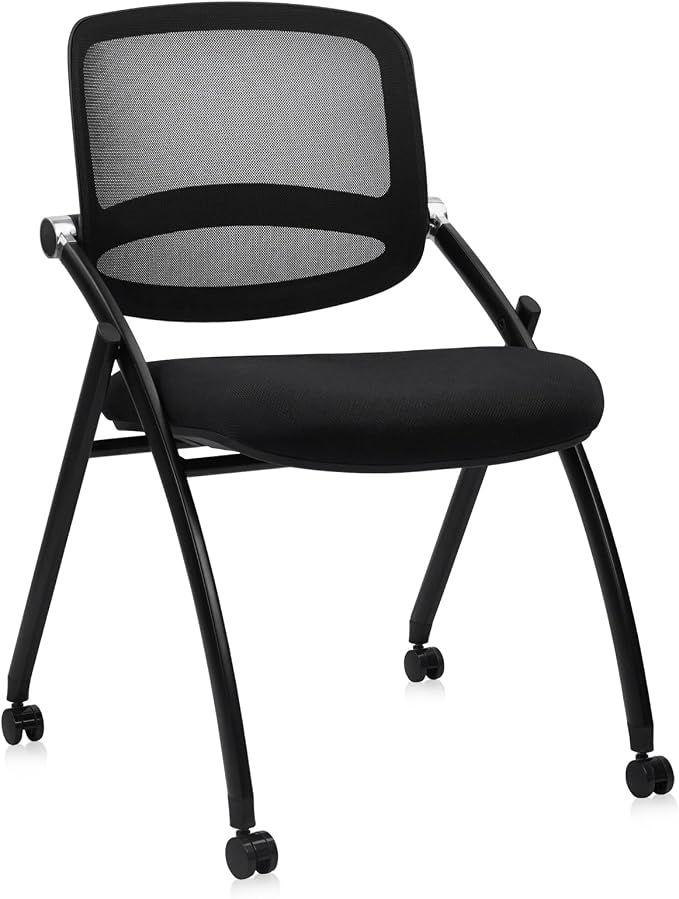 CLATINA Stackable & Foldable Conference Chair with Wheels, Ergonomic Mesh Back,300lbs Capacity, Breathable Padded Seat, Armless Office Chair for Reception, Training, Home Office, Black, 1PK