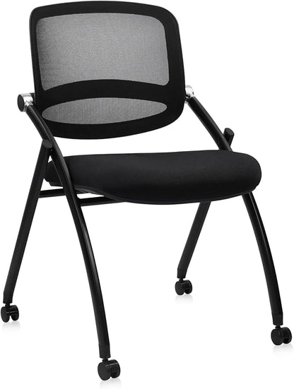 CLATINA Stackable & Foldable Conference Chair with Wheels, Ergonomic Mesh Back,300lbs Capacity, Breathable Padded Seat, Armless Office Chair for Reception, Training, Home Office, Black, 1PK