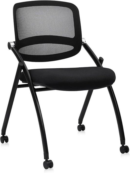 CLATINA Stackable & Foldable Conference Chair with Wheels, Ergonomic Mesh Back,300lbs Capacity, Breathable Padded Seat, Armless Office Chair for Reception, Training, Home Office, Black, 1PK