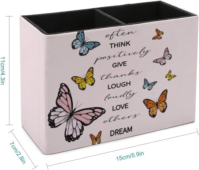 Niapessel Pencil Holder for Desk, Positive Quote Butterflies Pen Holder Storage Desktop Pen Organizer Desk Pencil Organizer Makeup Brush Holder for Office School College Leather