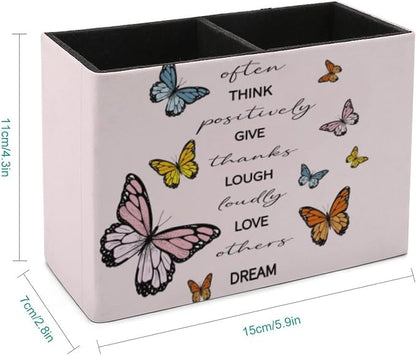 Niapessel Pencil Holder for Desk, Positive Quote Butterflies Pen Holder Storage Desktop Pen Organizer Desk Pencil Organizer Makeup Brush Holder for Office School College Leather