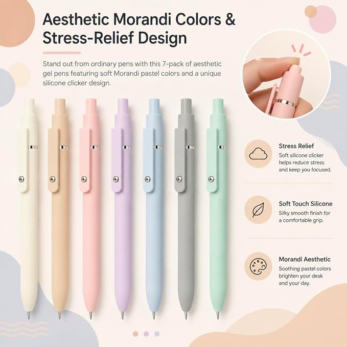 Vanhench 7Pcs 0.5 mm Black Ink Gel Pens Fine Point Smooth Writing Quick Dry Pen for School Note Teacher Journaling Office Desk Nurses Gift, Nice Cute Multifunction Writing Pens with Fidget Stress Ball