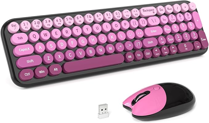 MOFII Wireless Keyboard and Mouse Combo, Compact Typewriter Retro Round Computer Keyboard and Mouse Set, Plug and Play, for Windows, Computer, Desktop, PC, Notebook - (Black Pink Gradient)