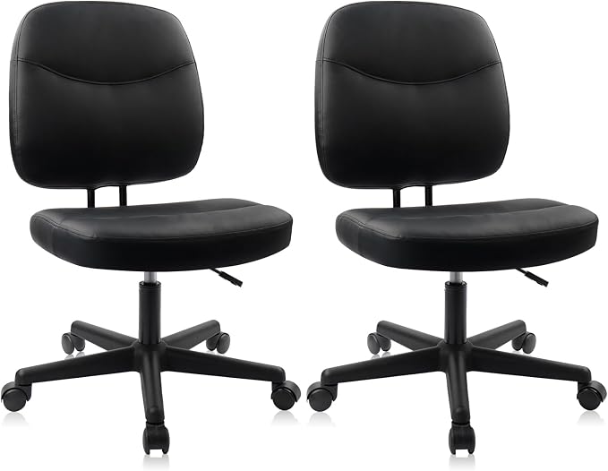CLATINA Armless Home Office Chair,Small PU Leather Ergonomic Low Back Desk Chair with Lumbar Support and Wheels, Adjustable Height 360° Swivel Rolling Computer Task Chair, Black, 2 Pack