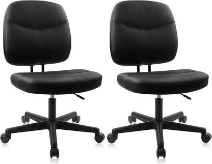CLATINA Armless Home Office Chair,Small PU Leather Ergonomic Low Back Desk Chair with Lumbar Support and Wheels, Adjustable Height 360° Swivel Rolling Computer Task Chair, Black, 2 Pack
