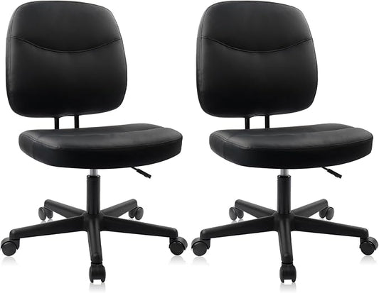 CLATINA Armless Home Office Chair,Small PU Leather Ergonomic Low Back Desk Chair with Lumbar Support and Wheels, Adjustable Height 360° Swivel Rolling Computer Task Chair, Black, 2 Pack