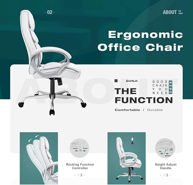 GUNJI Office Chair PU Leather High Back Executive Chair Ergonomic Computer Chair, Modern Adjustable Home Desk Chair Swivel Managerial Chair with Padded Armrests and Lumbar Support (White)