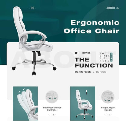 GUNJI Office Chair PU Leather High Back Executive Chair Ergonomic Computer Chair, Modern Adjustable Home Desk Chair Swivel Managerial Chair with Padded Armrests and Lumbar Support (White)