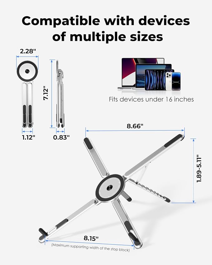 Viozon Portable Laptop Stand for Desk, Foldable Adjustable Computer Riser with Magnetic Phone Holder, Aluminum Laptop Stand for 10–16” Laptops & 4–13” Phones/Tablets (Silver)