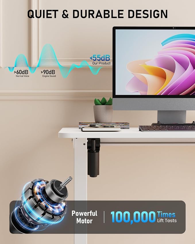 40" Electric Standing Desk Adjustable Height, Sit Stand up Desk for Home Office & Computer Workstation, 2 Memory Height Settings, Splice Board, 2 Hooks, White Frame/White Top