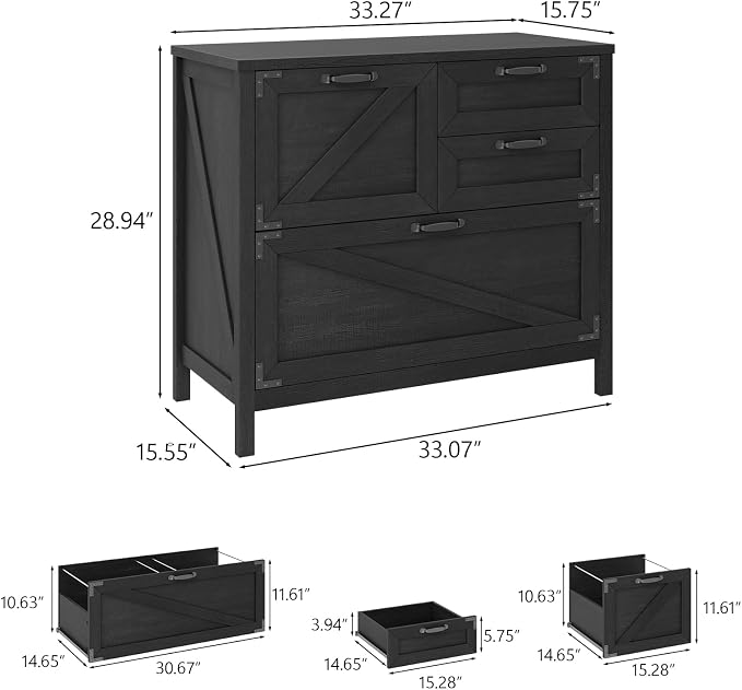 Halitaa Lateral File Cabinet with 4 Drawers, Farmhouse File Cabinet for Letter/Legal/A4 Size Hanging Files, Large Wood File Storage Cabinets Printer Stand for Home Office Cabinets, Black