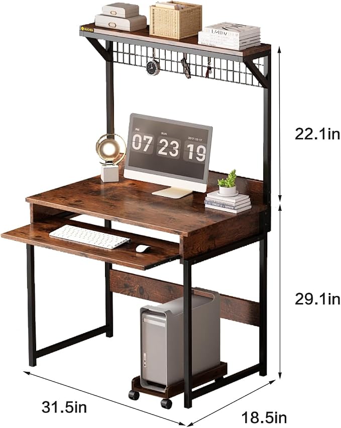 Computer Desk with Hutch and Storage Shelf，31.5 Inch Desk with Keyboard Tray, Office Study Table Writing Desk Workstation Bookshelf for Home Office, Brown