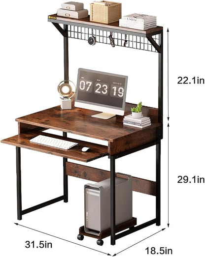 Computer Desk with Hutch and Storage Shelf，31.5 Inch Desk with Keyboard Tray, Office Study Table Writing Desk Workstation Bookshelf for Home Office, Brown