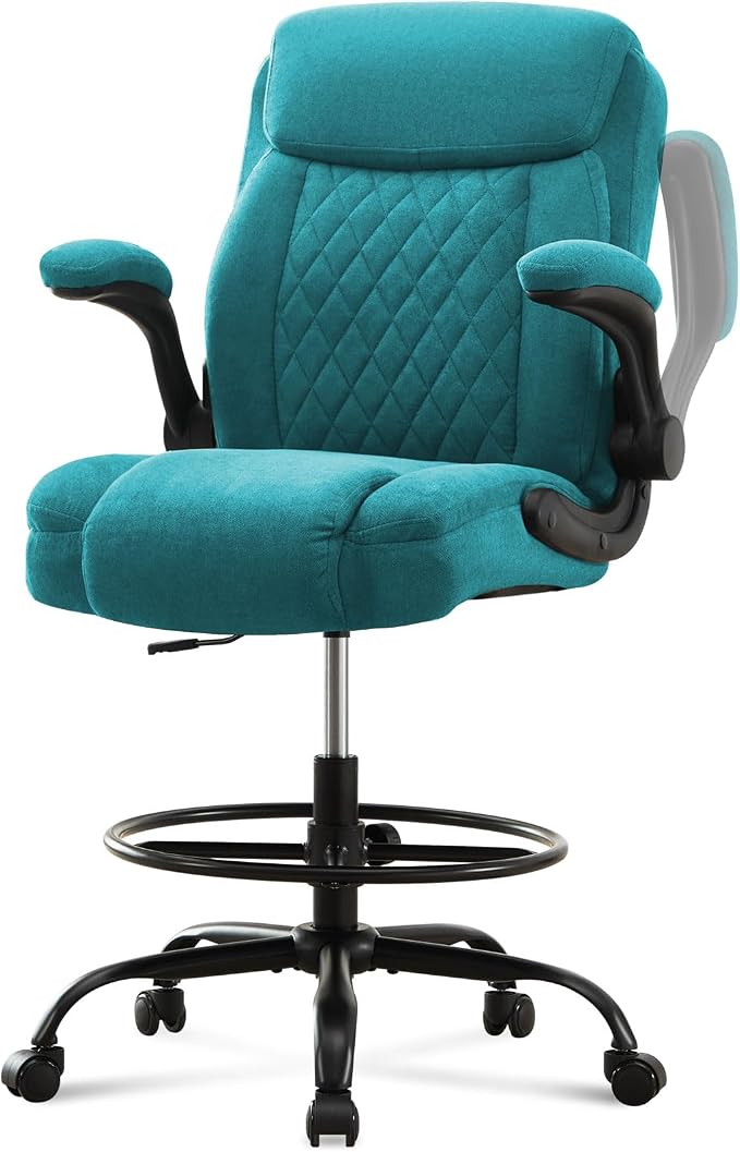 Drafting Chair Tall Office Chair for Standing Desk, Ergonomic Tall Desk Chair with Adjustable Foot Ring, Flip-Up Armrests, Lumbar Support, Comfortable Fabric Seat – Ideal for Home and Office Use