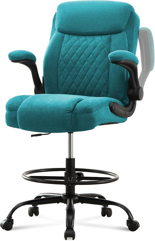 Drafting Chair Tall Office Chair for Standing Desk, Ergonomic Tall Desk Chair with Adjustable Foot Ring, Flip-Up Armrests, Lumbar Support, Comfortable Fabric Seat – Ideal for Home and Office Use