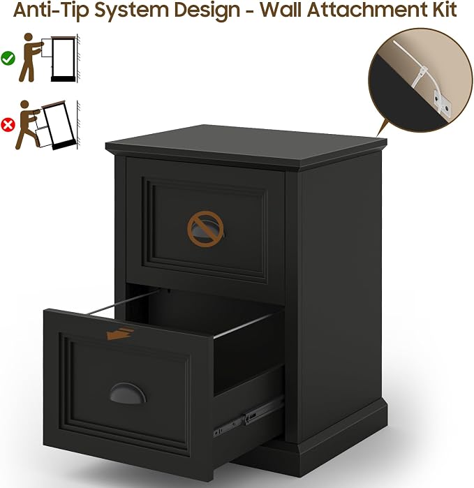 Halitaa Vertical File Cabinet, Filing Cabinet with 2 File Drawers, Farmhouse Small File Cabinet Fits Letter/A4 Size, Wooden Printer Stand, Under Desk Cabinets for Home Office, Black