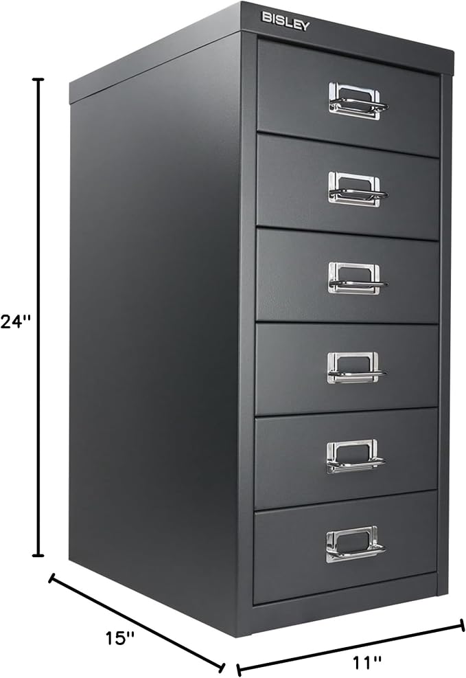 Bisley 6-Drawer Steel MultiDrawer Cabinet - Anthracite Grey | Chrome Pull Handles with Label Holders, Powder-Coated Steel, Removable Drawers, Fits Under Most Desks, Labels Included